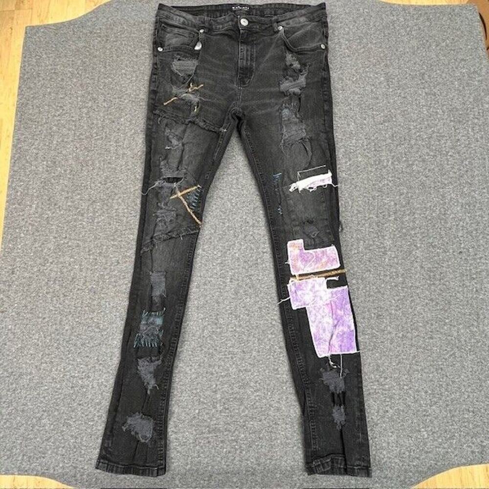 M Society Jeans Mens Size 38x34 (Actual 35x33) Distressed Patched Denim Black